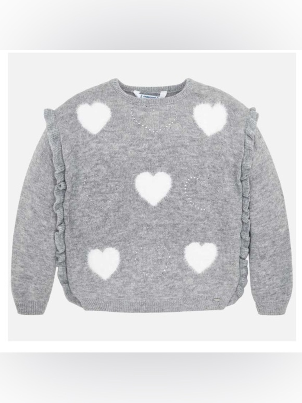 Mayoral Girls Fuzzy Grey Crystal Hearts Ruffle Sweater Pullover Sz 9 134cm